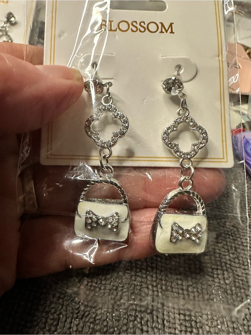 Silver-Tone White Purse Dangle Earrings